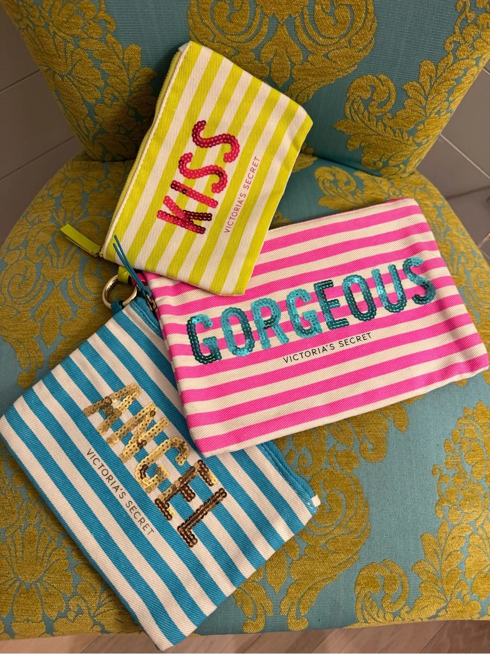 NWT Victoria's Secret Set Of 3 Striped Sequin Pouches - Blue, Pink, Lime Green